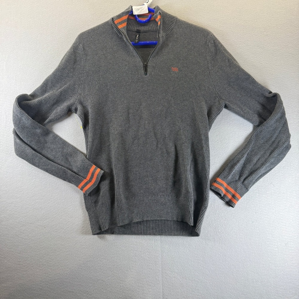 RVCA‎ Mens Gray Ribbed 1/4 Zip Cotton Sweater Orange Stripe Cuffs Small PO